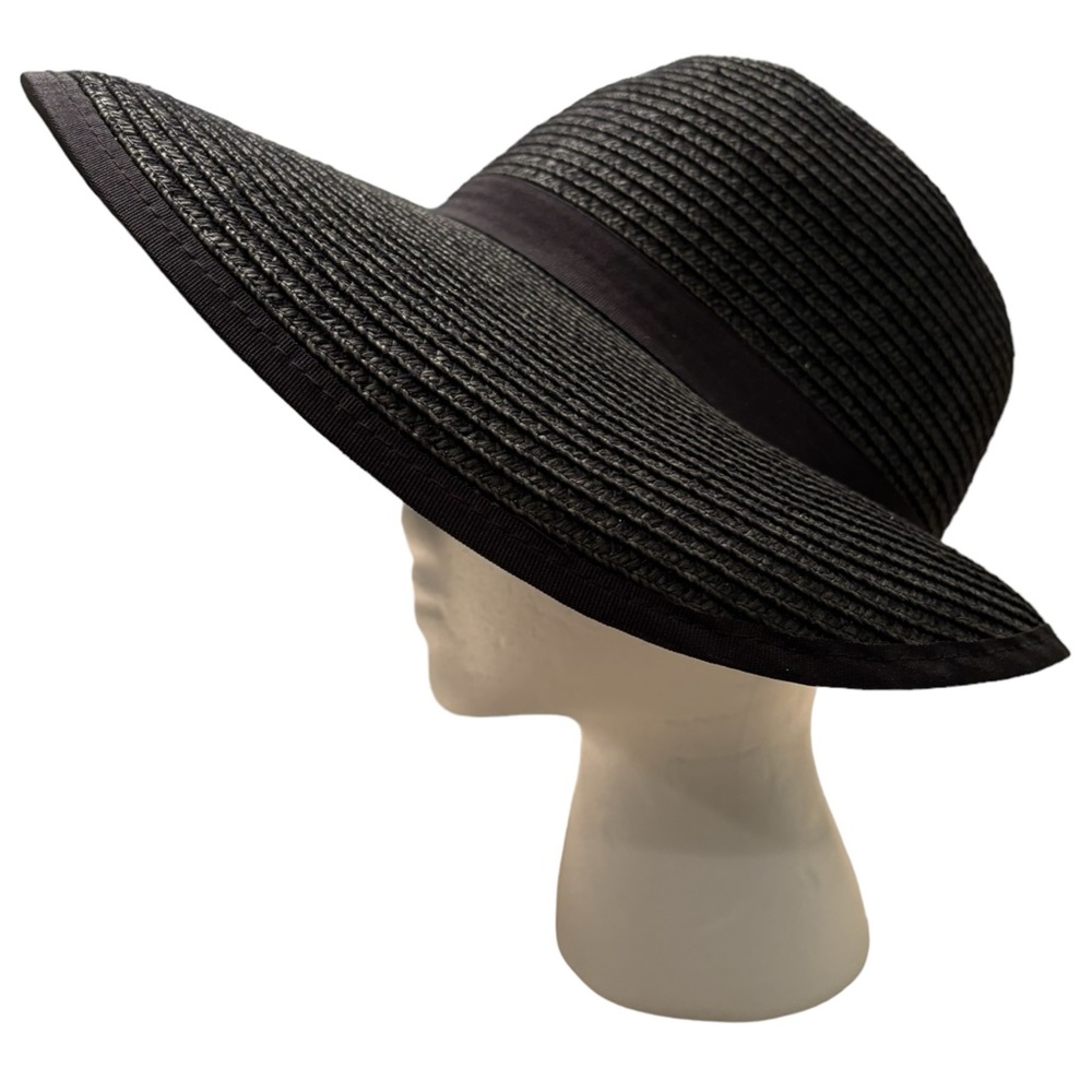 Wide Brim Sun Hat Black Straw Adjustable Flat Back Ribbon Band One Size